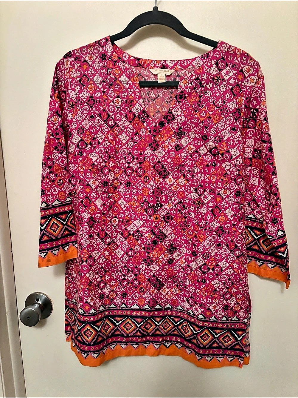 Tori Richard Geometric Tunic in Pink & Orange Size 6 Like New